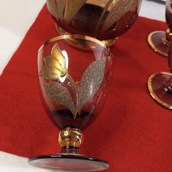 Vintage Amber Glass Decanter and 6 Cordial Glasses - Picture 4 of 12